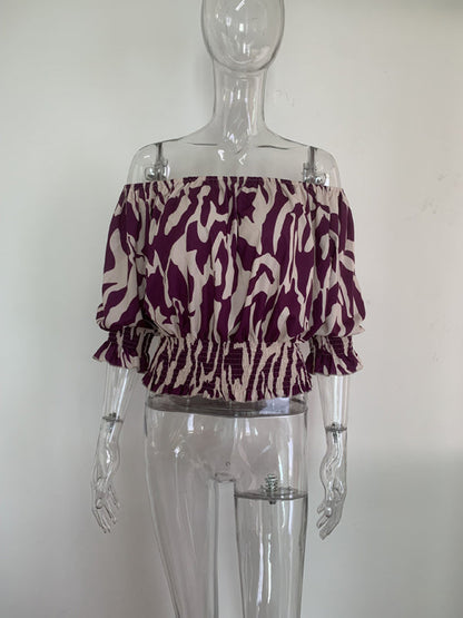 Tops- Abstract Print Off-Shoulder Half Sleeve Blouse- - IndioGear Fashion and Gear