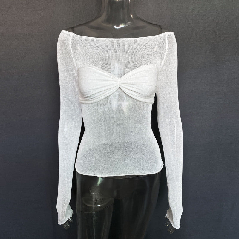 Tops- Allure in Sheer: Solid Off Shoulder Blouse with Wrap-Around Bust- White- IndioGear Fashion and Gear