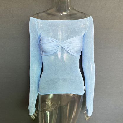 Tops- Allure in Sheer: Solid Off Shoulder Blouse with Wrap-Around Bust- Sky blue azure- IndioGear Fashion and Gear