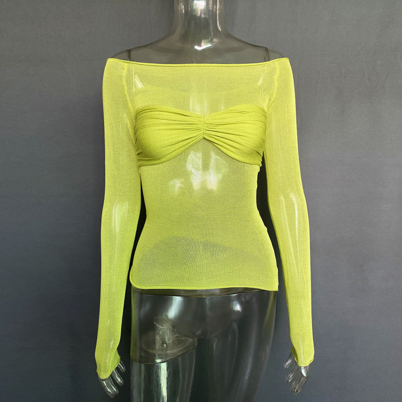 Tops- Allure in Sheer: Solid Off Shoulder Blouse with Wrap-Around Bust- Green- IndioGear Fashion and Gear