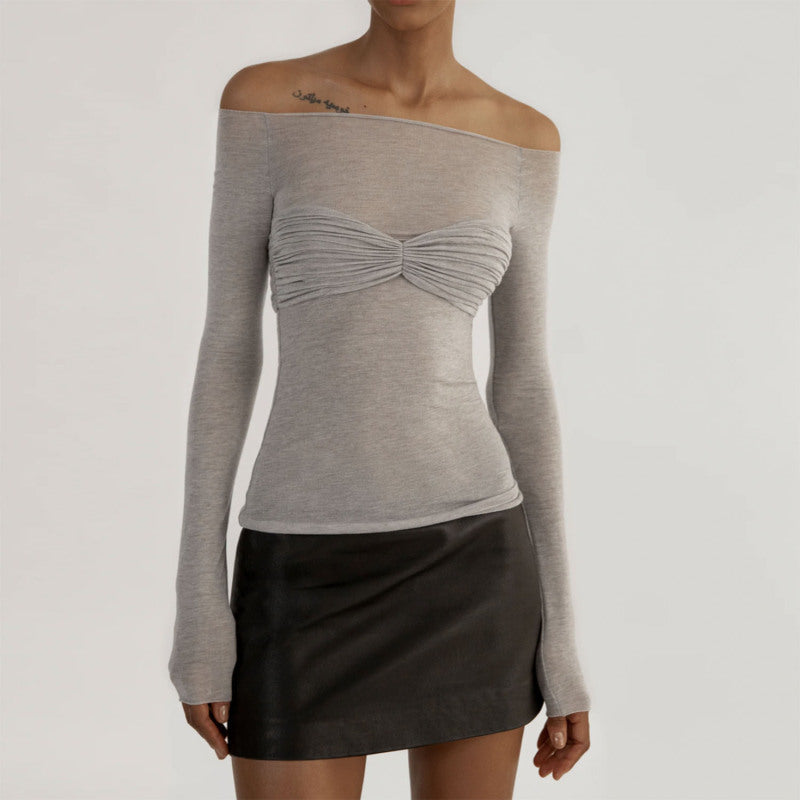 Tops- Allure in Sheer: Solid Off Shoulder Blouse with Wrap-Around Bust- Grey- IndioGear Fashion and Gear