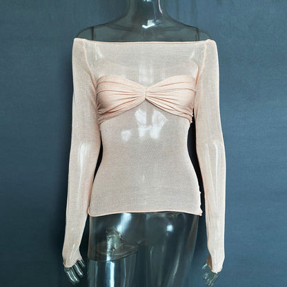 Tops- Allure in Sheer: Solid Off Shoulder Blouse with Wrap-Around Bust- Pastel pink- IndioGear Fashion and Gear