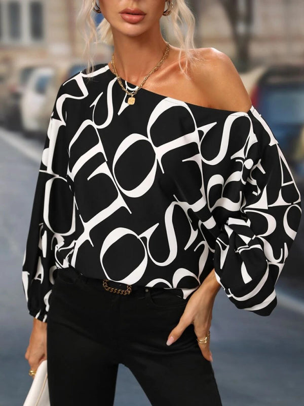 Tops- Asymmetrical Elegance: Balloon Sleeve Blouse of the Season! - High-Contrast Colorblock Top with Billowing Bishop Sleeves- Black- IndioGear Fashion and Gear