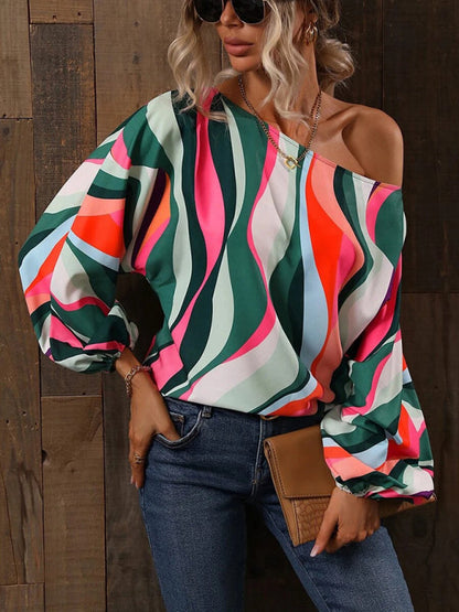 Tops- Asymmetrical Elegance: Balloon Sleeve Blouse of the Season! - High-Contrast Colorblock Top with Billowing Bishop Sleeves- Rose- IndioGear Fashion and Gear