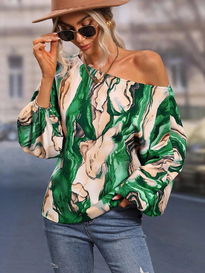 Tops- Asymmetrical Elegance: Balloon Sleeve Blouse of the Season! - High-Contrast Colorblock Top with Billowing Bishop Sleeves- Yellow green- IndioGear Fashion and Gear