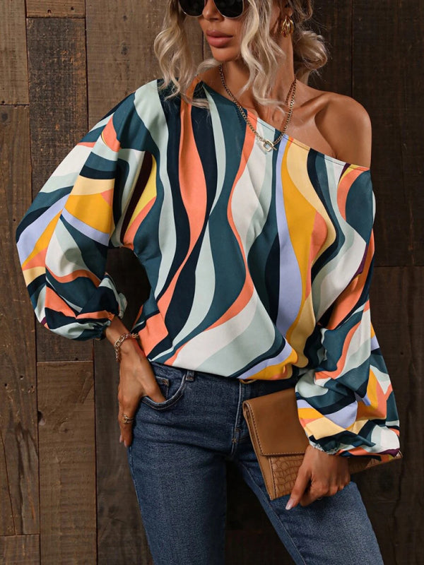 Tops- Asymmetrical Elegance: Balloon Sleeve Blouse of the Season! - High-Contrast Colorblock Top with Billowing Bishop Sleeves- - IndioGear Fashion and Gear