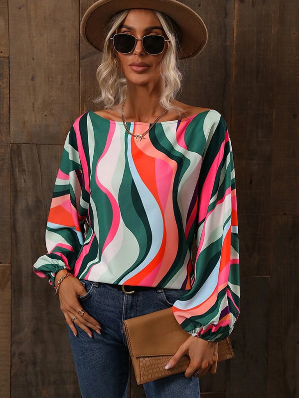 Tops- Asymmetrical Elegance: Balloon Sleeve Blouse of the Season! - High-Contrast Colorblock Top with Billowing Bishop Sleeves- - IndioGear Fashion and Gear