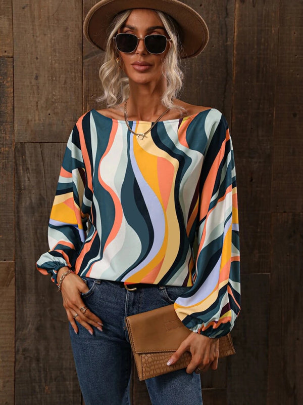 Tops- Asymmetrical Elegance: Balloon Sleeve Blouse of the Season! - High-Contrast Colorblock Top with Billowing Bishop Sleeves- - IndioGear Fashion and Gear