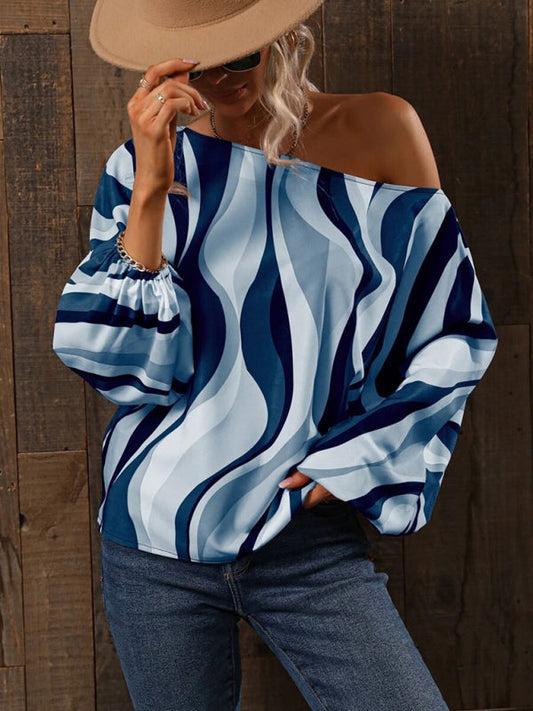 Tops- Asymmetrical Elegance: Balloon Sleeve Blouse of the Season! - High-Contrast Colorblock Top with Billowing Bishop Sleeves- Blue- IndioGear Fashion and Gear