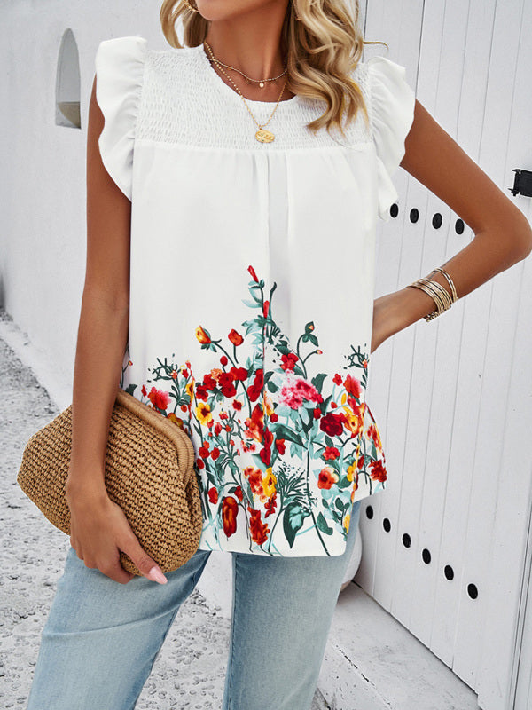 Tops - Blouses- Ruffle and Smocked Accents in our Floral Print Flowy Blouse- - IndioGear Fashion and Gear