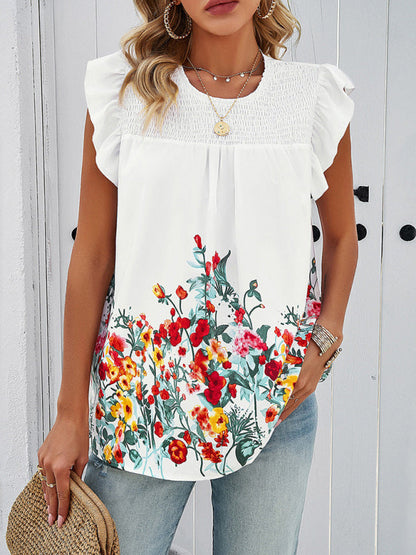 Tops - Blouses- Ruffle and Smocked Accents in our Floral Print Flowy Blouse- - IndioGear Fashion and Gear