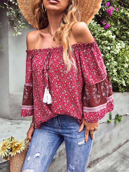 Tops- Bohemian Off-Shoulder Blouse with Drawstring and Balloon Sleeves- - IndioGear Fashion and Gear