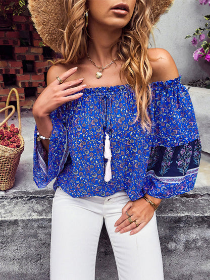 Tops- Bohemian Off-Shoulder Blouse with Drawstring and Balloon Sleeves- - IndioGear Fashion and Gear