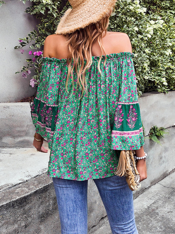 Tops- Bohemian Off-Shoulder Blouse with Drawstring and Balloon Sleeves- - IndioGear Fashion and Gear