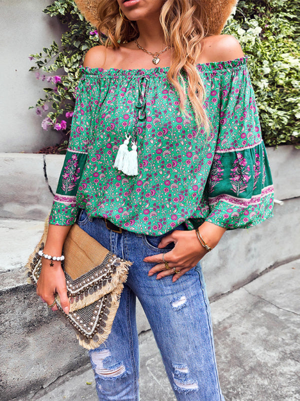 Tops- Bohemian Off-Shoulder Blouse with Drawstring and Balloon Sleeves- - IndioGear Fashion and Gear