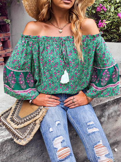 Tops- Bohemian Off-Shoulder Blouse with Drawstring and Balloon Sleeves- - IndioGear Fashion and Gear