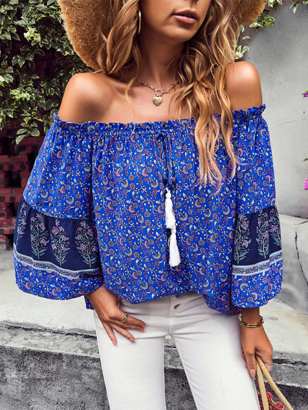 Tops- Bohemian Off-Shoulder Blouse with Drawstring and Balloon Sleeves- - IndioGear Fashion and Gear