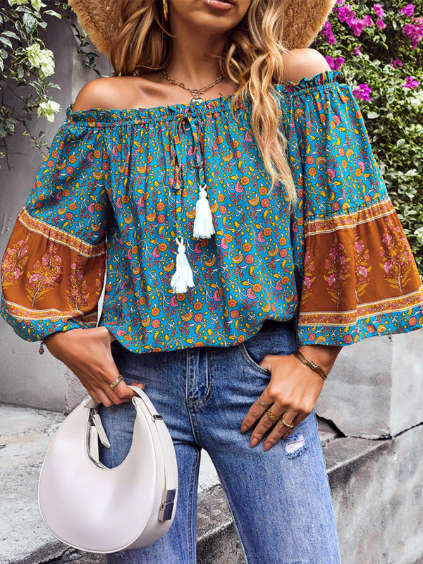 Tops- Bohemian Off-Shoulder Blouse with Drawstring and Balloon Sleeves- - IndioGear Fashion and Gear