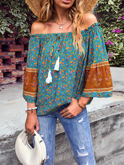 Tops- Bohemian Off-Shoulder Blouse with Drawstring and Balloon Sleeves- Green- IndioGear Fashion and Gear