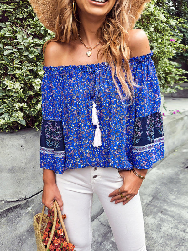 Tops- Bohemian Off-Shoulder Blouse with Drawstring and Balloon Sleeves- - IndioGear Fashion and Gear