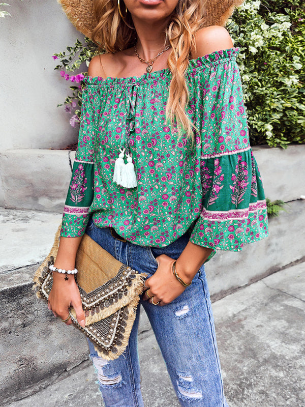 Tops- Bohemian Off-Shoulder Blouse with Drawstring and Balloon Sleeves- Pale green- IndioGear Fashion and Gear