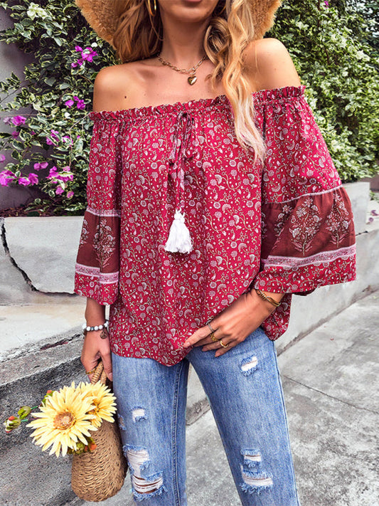 Tops- Bohemian Off-Shoulder Blouse with Drawstring and Balloon Sleeves- Red- IndioGear Fashion and Gear