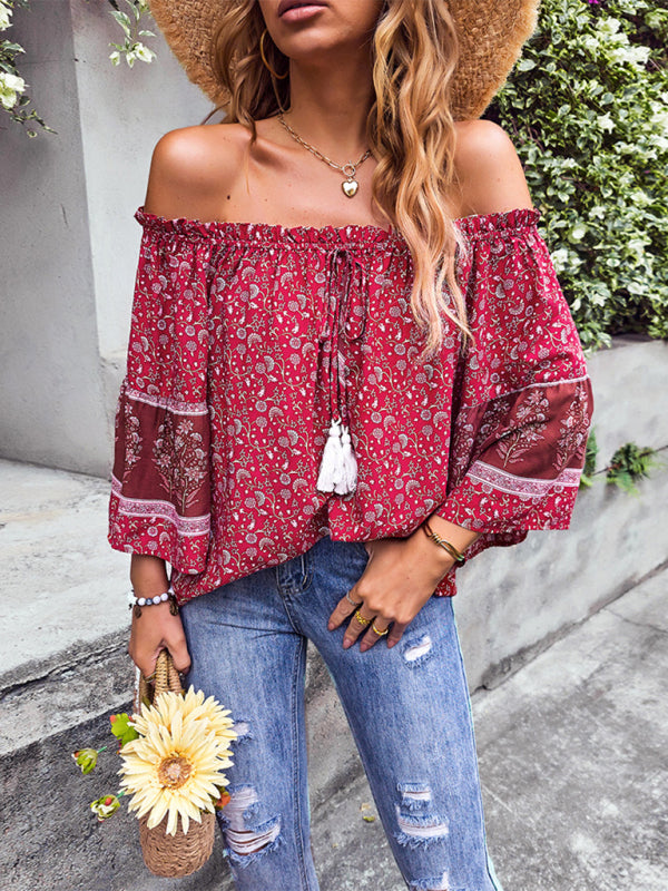 Tops- Bohemian Off-Shoulder Blouse with Drawstring and Balloon Sleeves- - IndioGear Fashion and Gear