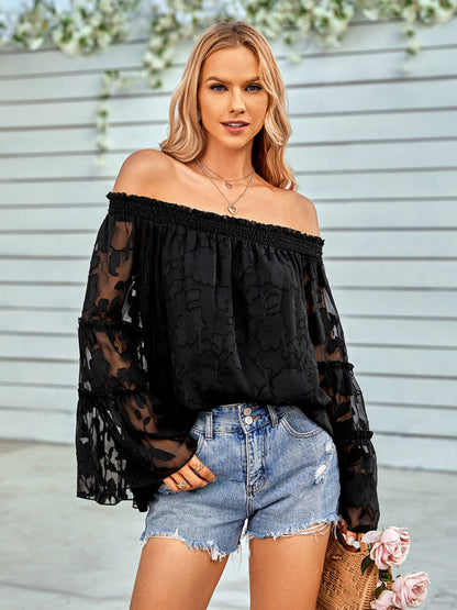 Tops- Boho Women's Jacquard Floral Long Sleeves Off Shoulder Blouse- Black- IndioGear Fashion and Gear