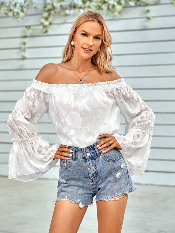 Tops- Boho Women's Jacquard Floral Long Sleeves Off Shoulder Blouse- - IndioGear Fashion and Gear