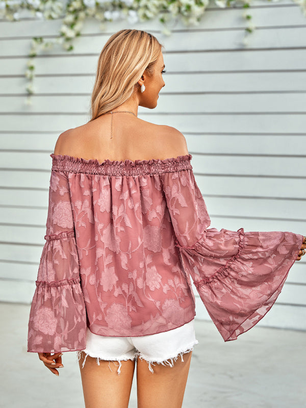 Tops- Boho Women's Jacquard Floral Long Sleeves Off Shoulder Blouse- - IndioGear Fashion and Gear