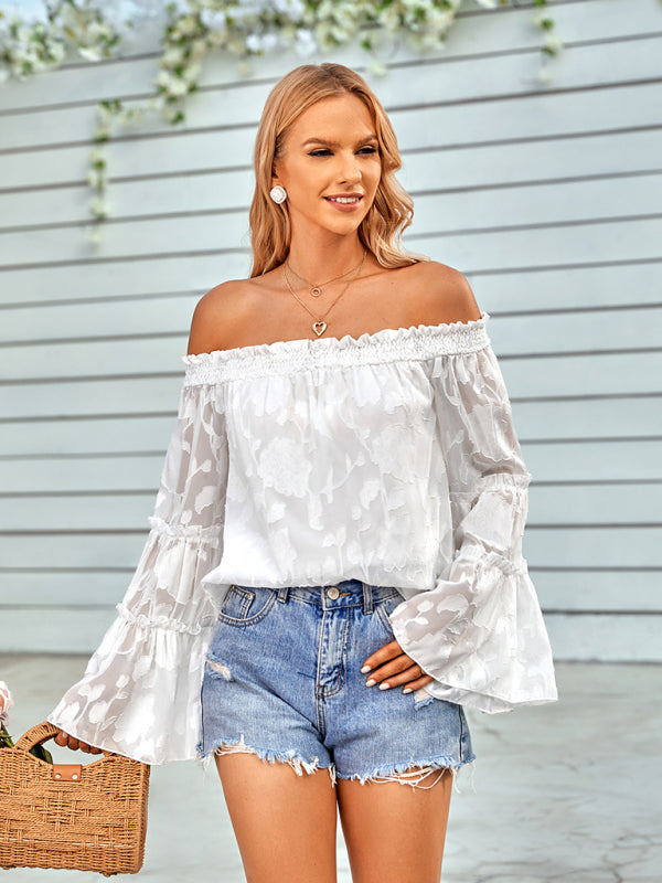 Tops- Boho Women's Jacquard Floral Long Sleeves Off Shoulder Blouse- - IndioGear Fashion and Gear