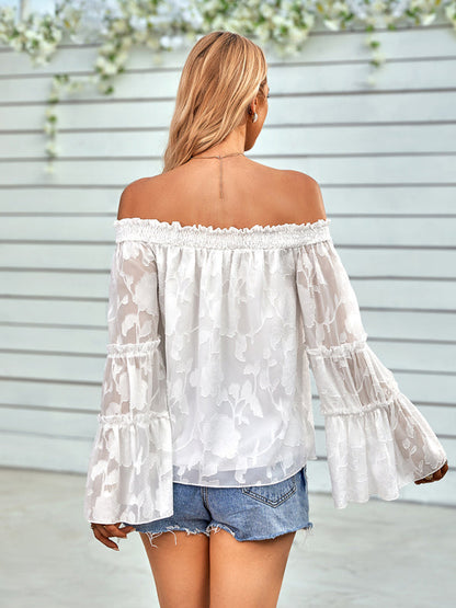 Tops- Boho Women's Jacquard Floral Long Sleeves Off Shoulder Blouse- - IndioGear Fashion and Gear