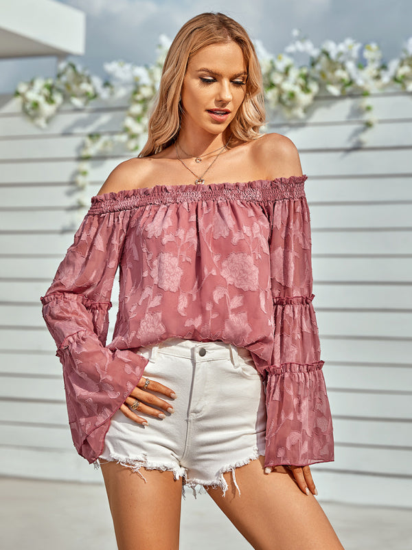 Tops- Boho Women's Jacquard Floral Long Sleeves Off Shoulder Blouse- - IndioGear Fashion and Gear