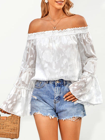 Tops- Boho Women's Jacquard Floral Long Sleeves Off Shoulder Blouse- White- IndioGear Fashion and Gear