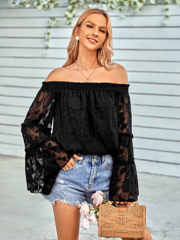 Tops- Boho Women's Jacquard Floral Long Sleeves Off Shoulder Blouse- - IndioGear Fashion and Gear