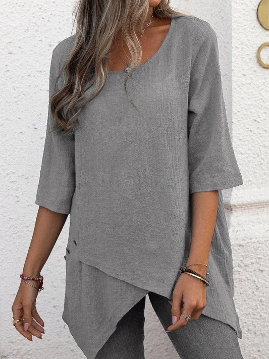 Tops- Casual Cotton Linen Half Sleeve Top with Irregular Hem - Blouse- Grey- IndioGear Fashion and Gear