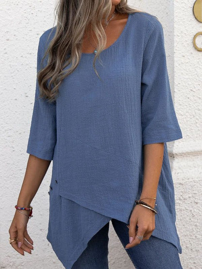 Tops- Casual Cotton Linen Half Sleeve Top with Irregular Hem - Blouse- Blue- IndioGear Fashion and Gear