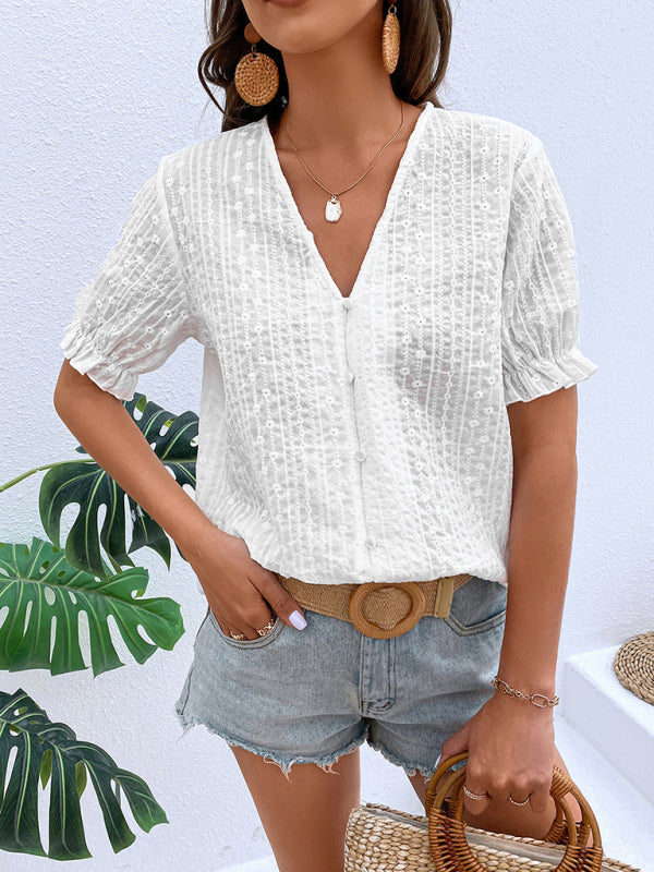 Tops- Create a Chic Summer Look with Our Eyelet Embroidery Women's Blouse! - Casual Top- - IndioGear Fashion and Gear