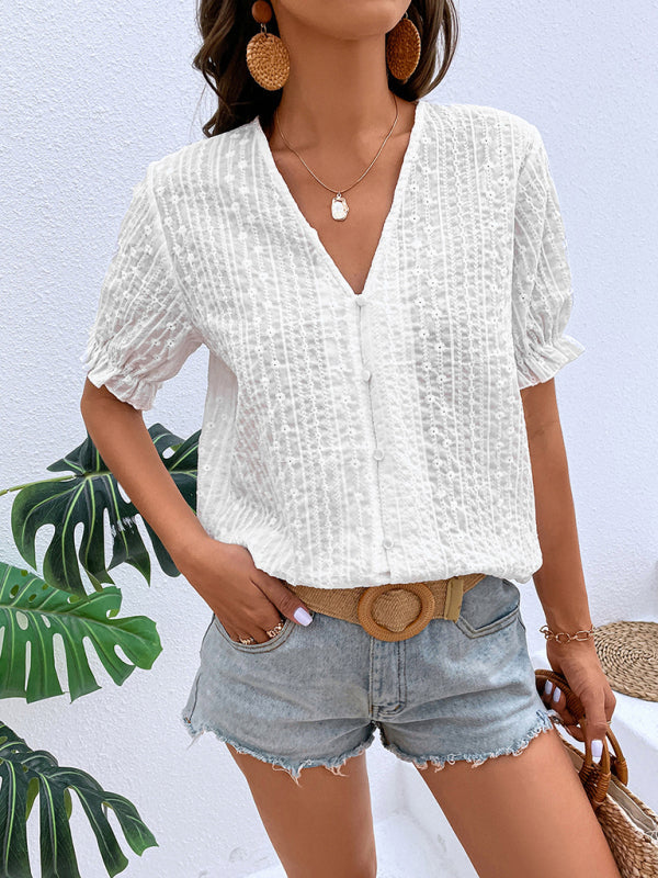 Tops- Create a Chic Summer Look with Our Eyelet Embroidery Women's Blouse! - Casual Top- - IndioGear Fashion and Gear