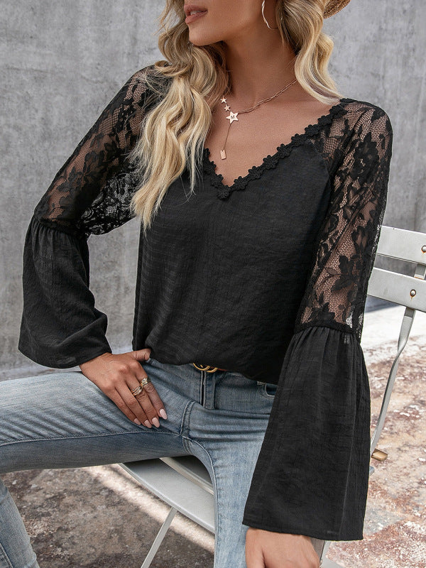 Tops- Elegant Lace Inlay V Neck Blouse: Casual Style, Long Bell Sleeves Top- Black- IndioGear Fashion and Gear