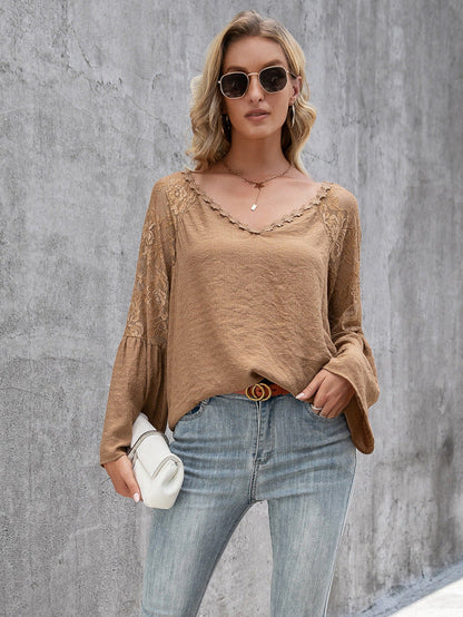 Tops- Elegant Lace Inlay V Neck Blouse: Casual Style, Long Bell Sleeves Top- Khaki- IndioGear Fashion and Gear