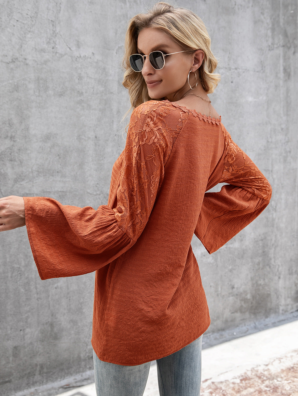 Tops- Elegant Lace Inlay V Neck Blouse: Casual Style, Long Bell Sleeves Top- - IndioGear Fashion and Gear