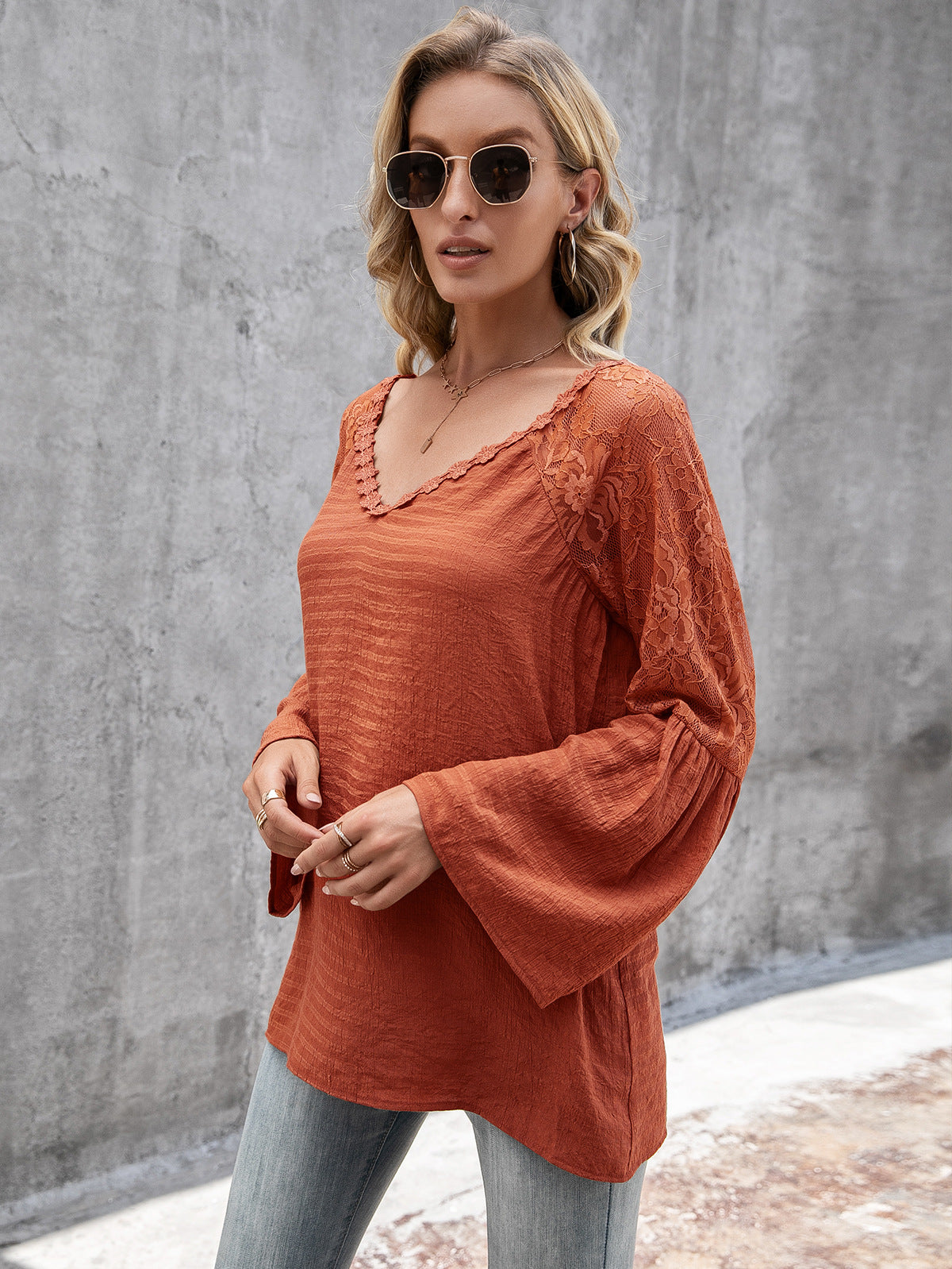 Tops- Elegant Lace Inlay V Neck Blouse: Casual Style, Long Bell Sleeves Top- - IndioGear Fashion and Gear