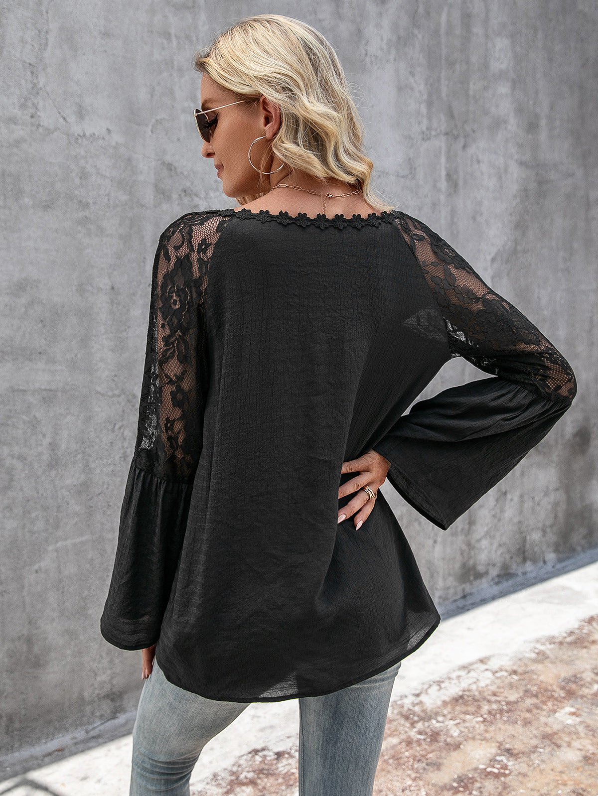 Tops- Elegant Lace Inlay V Neck Blouse: Casual Style, Long Bell Sleeves Top- - IndioGear Fashion and Gear