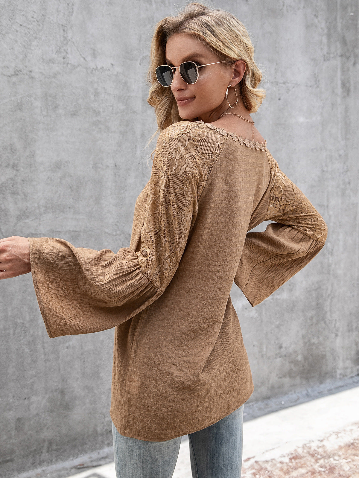 Tops- Elegant Lace Inlay V Neck Blouse: Casual Style, Long Bell Sleeves Top- - IndioGear Fashion and Gear