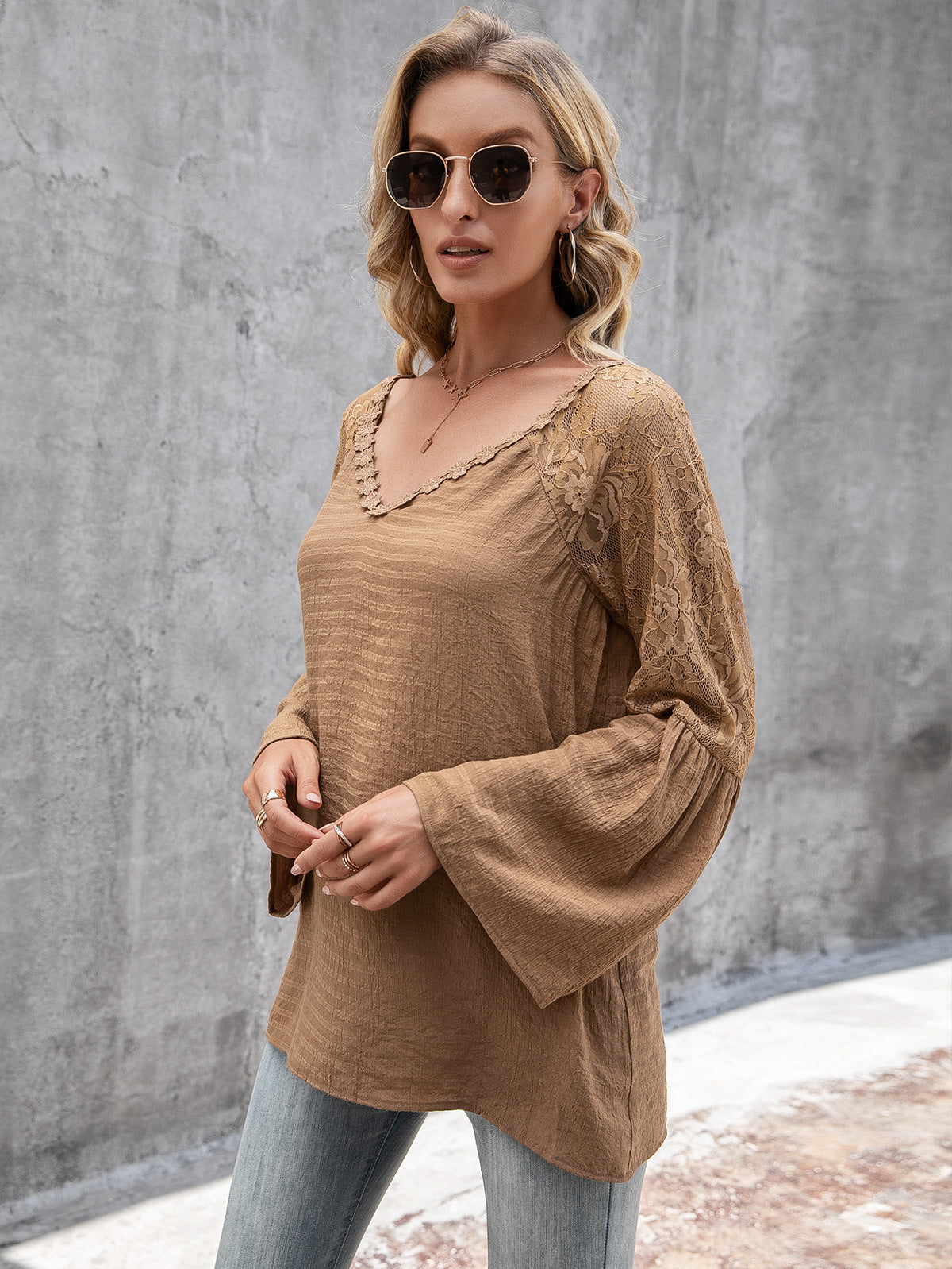 Tops- Elegant Lace Inlay V Neck Blouse: Casual Style, Long Bell Sleeves Top- - IndioGear Fashion and Gear