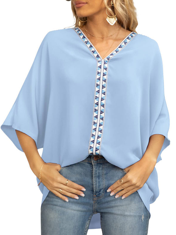 Tops- Elegant Women's Batwing V Neck Blouse Top- Sky blue- IndioGear Fashion and Gear