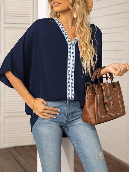 Tops- Elegant Women's Batwing V Neck Blouse Top- Navy Blue- IndioGear Fashion and Gear