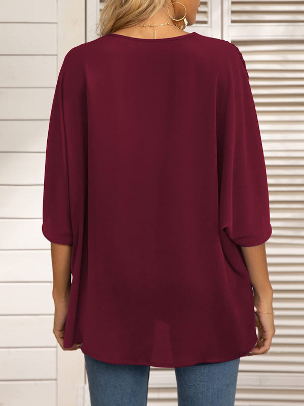 Tops- Elegant Women's Batwing V Neck Blouse Top- - IndioGear Fashion and Gear