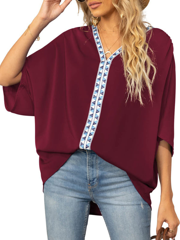 Tops- Elegant Women's Batwing V Neck Blouse Top- - IndioGear Fashion and Gear